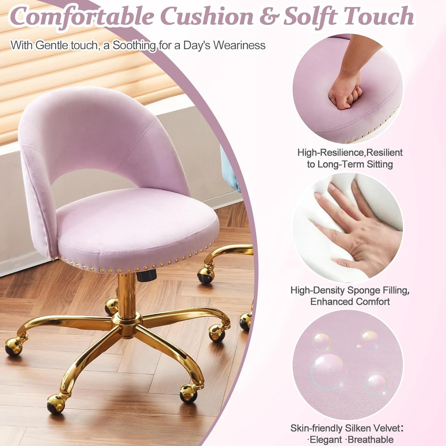 Purple Adjustable Velvet Swivel Desk Chair – Comfy Vanity & Office Seating