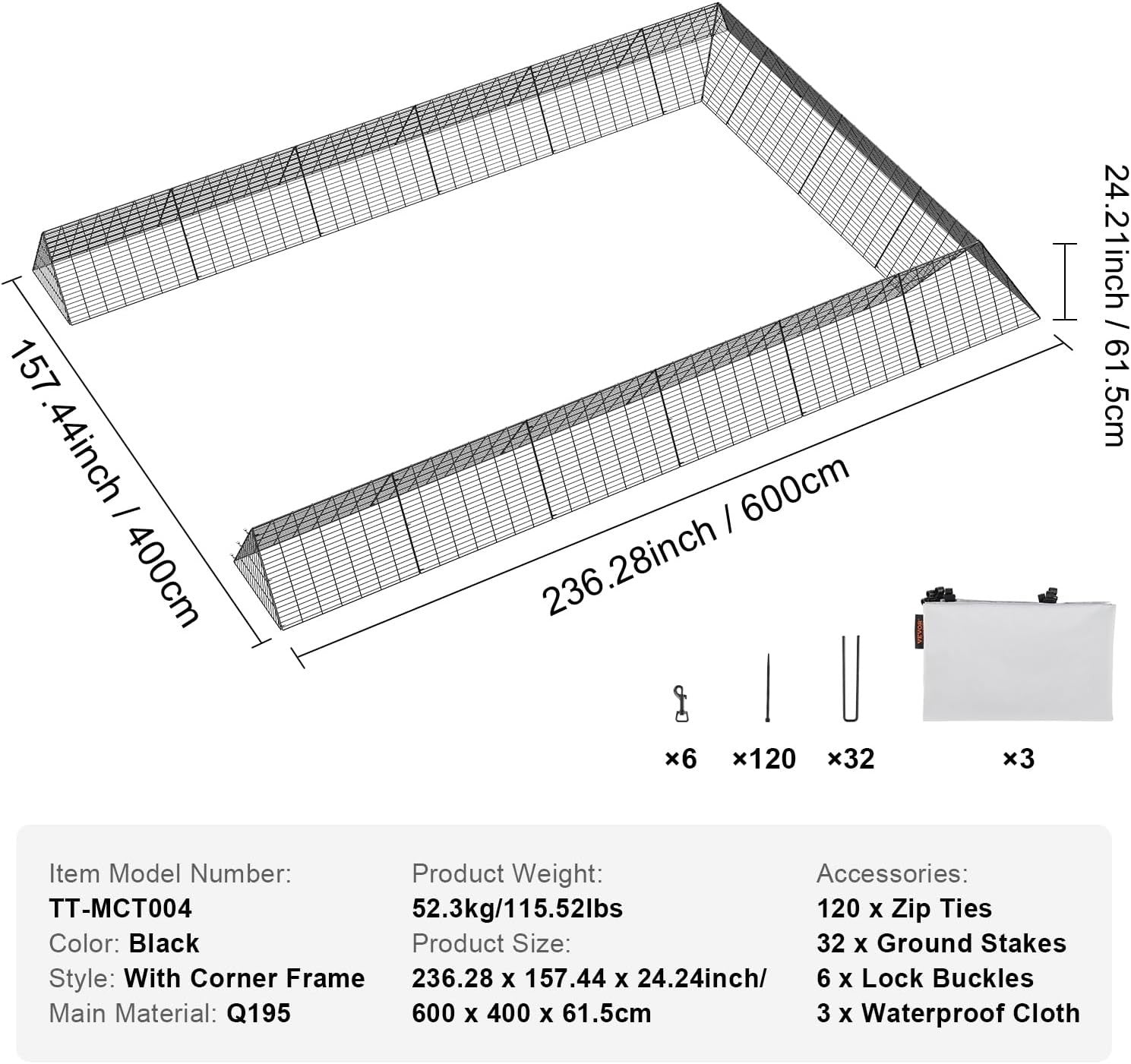 Portable Chicken Tunnel Run 3.25x5.64m Steel Frame w Cover