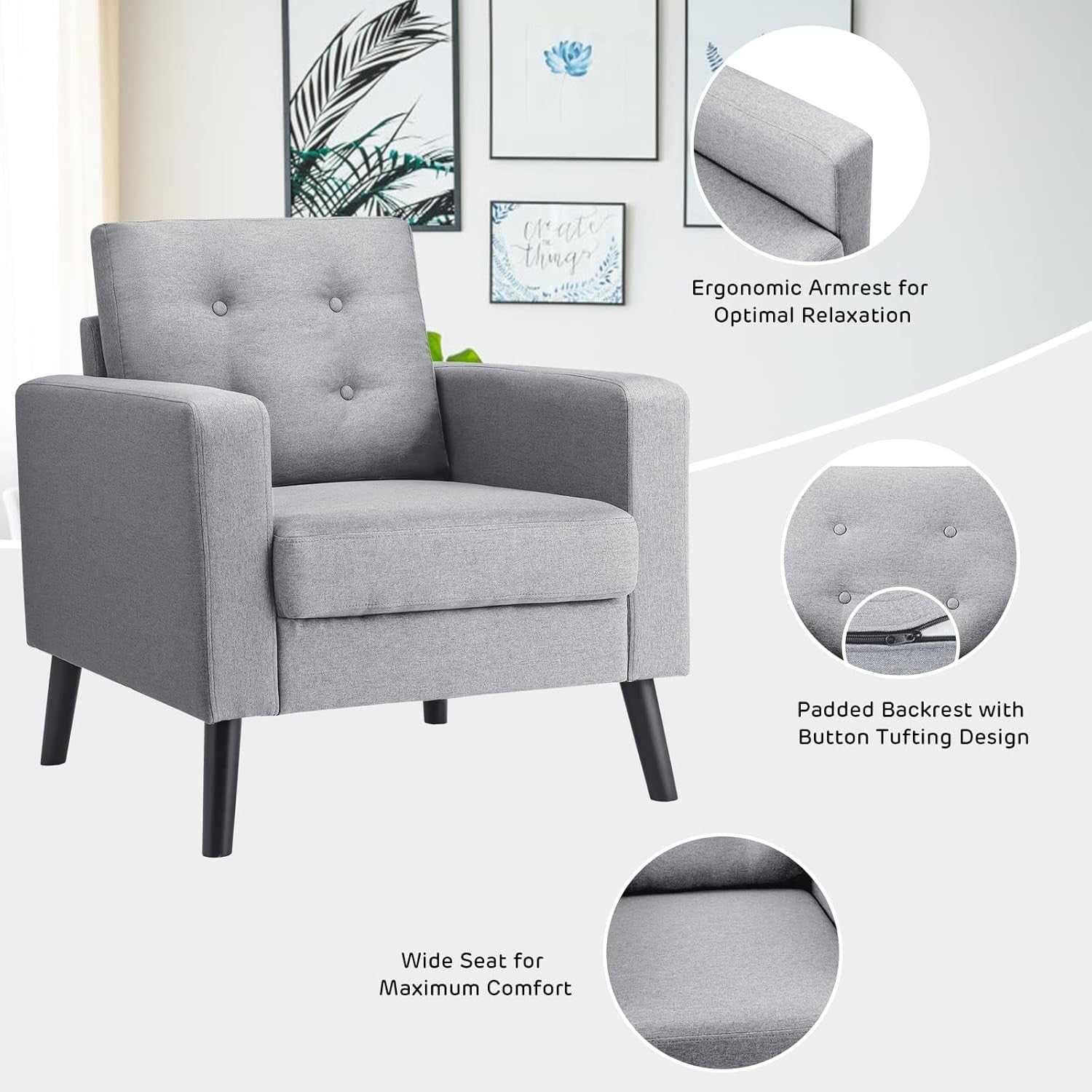 Grey Accent Armchair Button Tufted Linen Lounge Chair