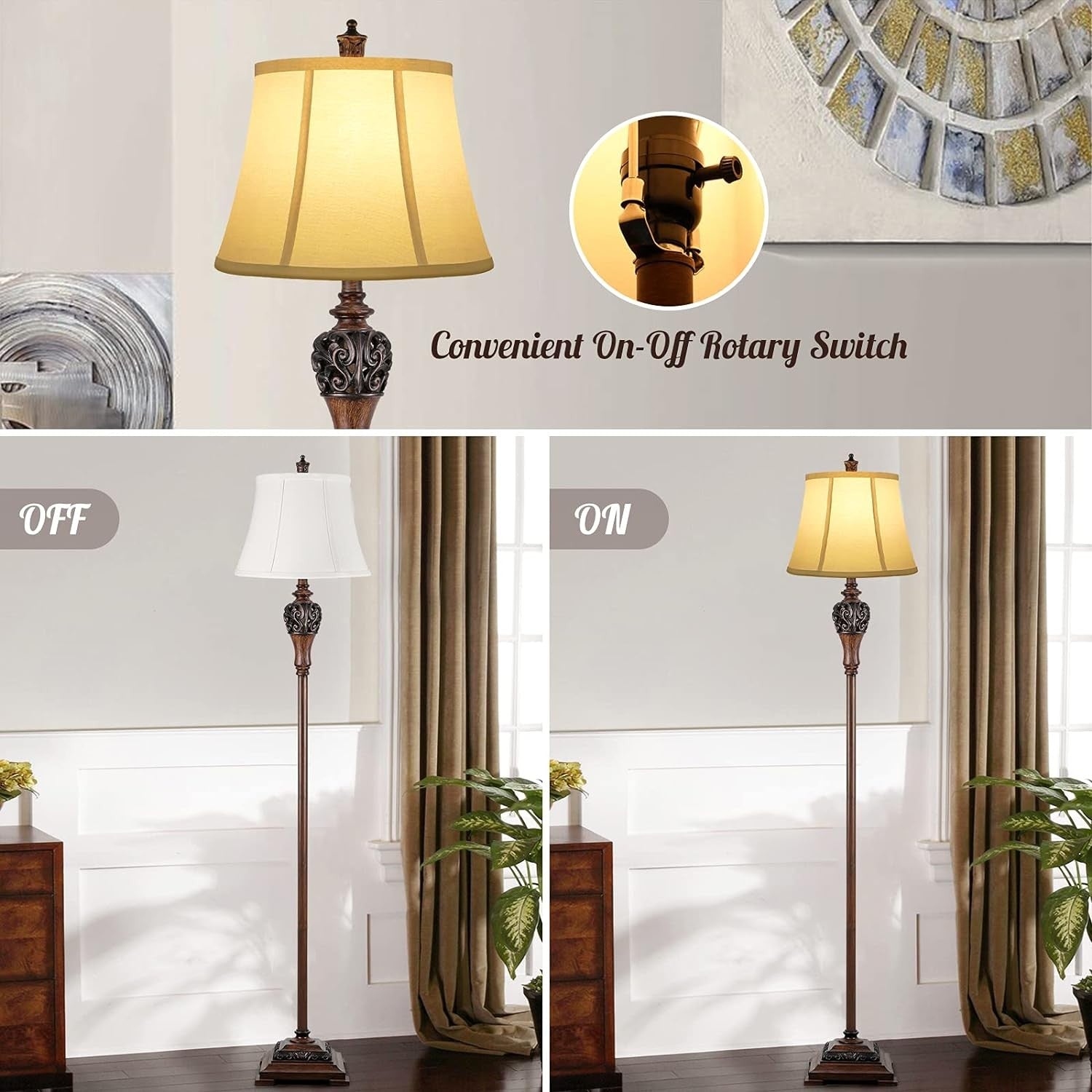 Vintage Floor Lamp Tall Standing Light Fabric Shade Classic Reading Lamp