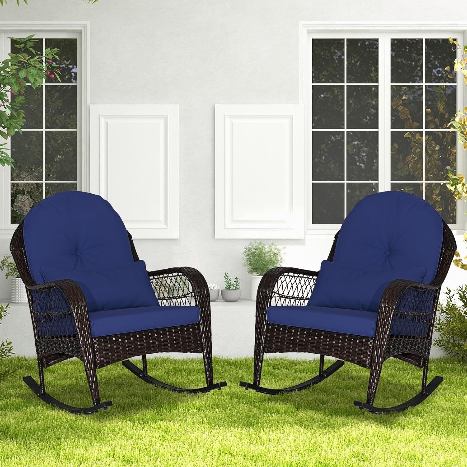 Rattan Garden Rocking Chair Outdoor Patio Seat w/ Cushions & Lumbar