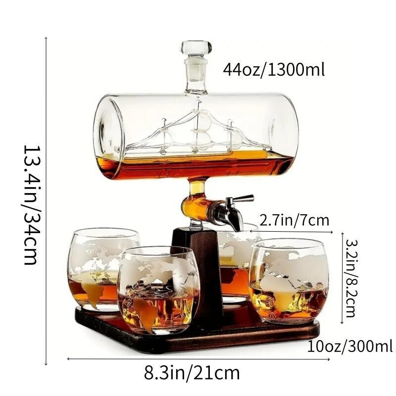 Luxury Globe Whiskey Decanter Set w/ Tap & 4 Glasses Bar Gift Home Party
