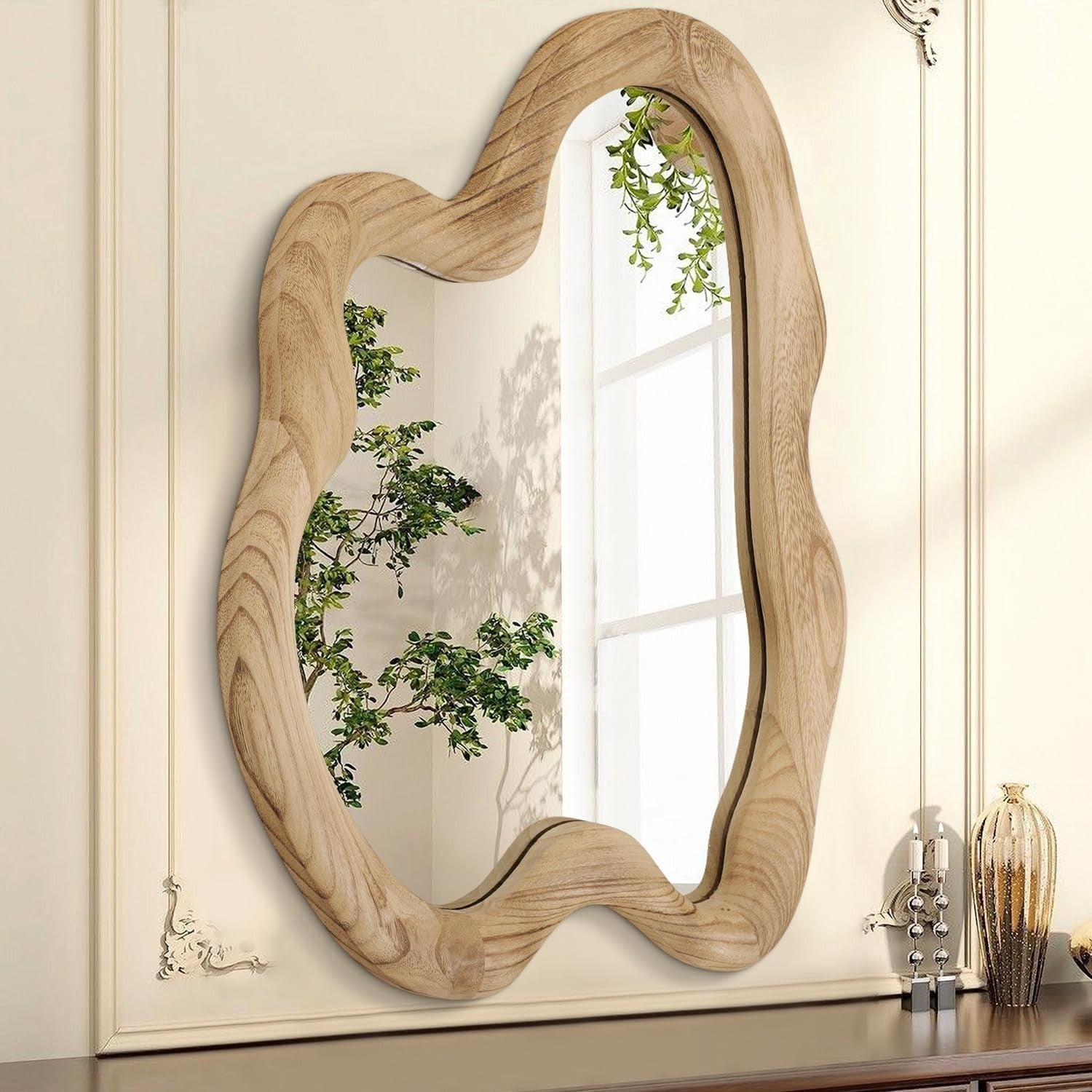 Rustic Irregular Wood Wall Mirror 70x50cm Decorative Hanging for Home
