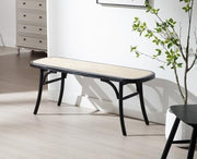 Black Rattan Ottoman Bench with Wood Legs – Retro Dining & Hallway Seat