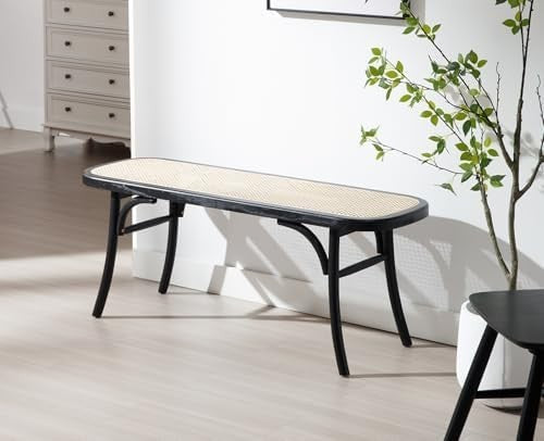 Black Rattan Ottoman Bench with Wood Legs – Retro Dining & Hallway Seat