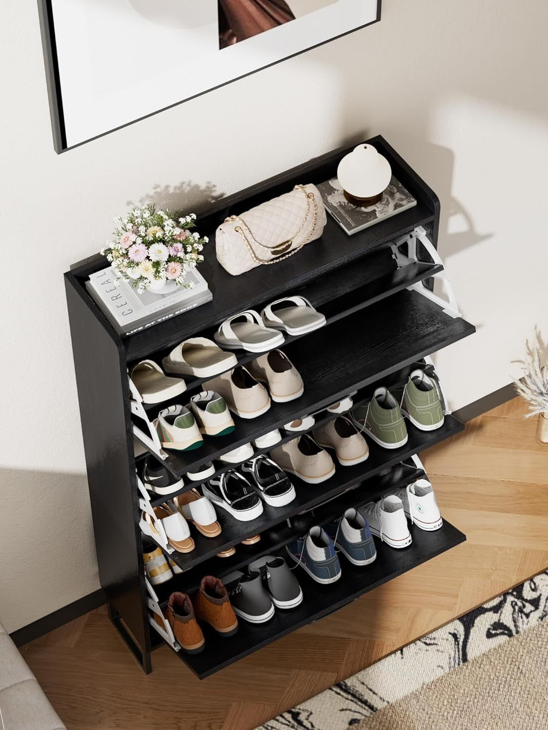 Slim Black Shoe Cabinet 3 Drawer Fold Rack 80cm Wide Entryway Storage