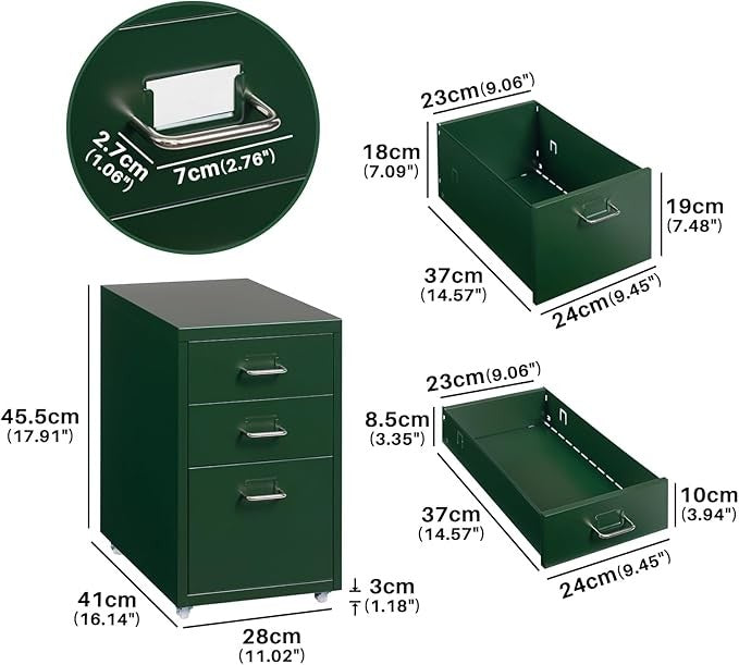 3 Drawer Metal File Cabinet with Wheels, Lockable Under Desk Office Storage Unit