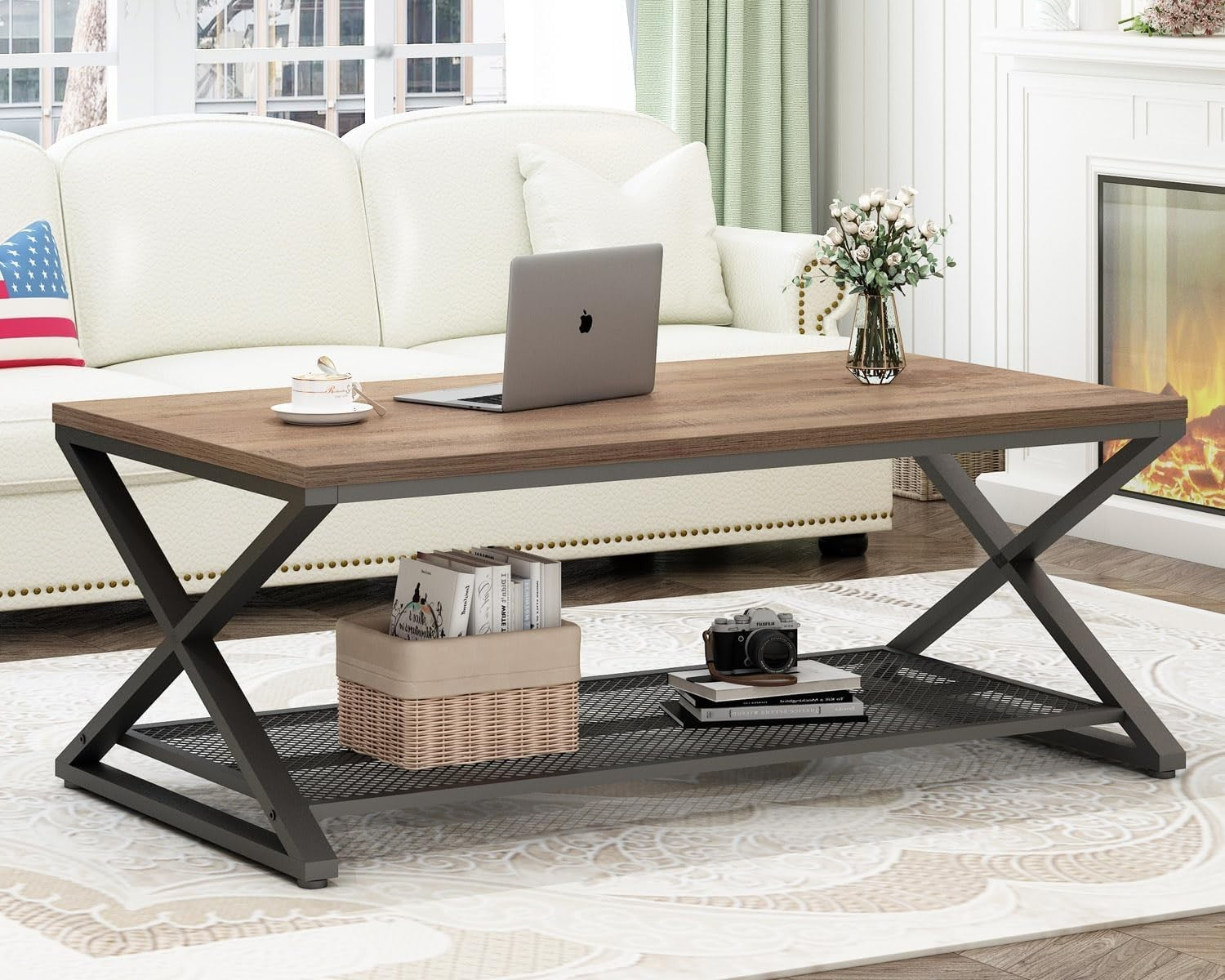 Rustic Oak Coffee Table with Storage Shelf | Industrial 2-Tier Rectangular Table