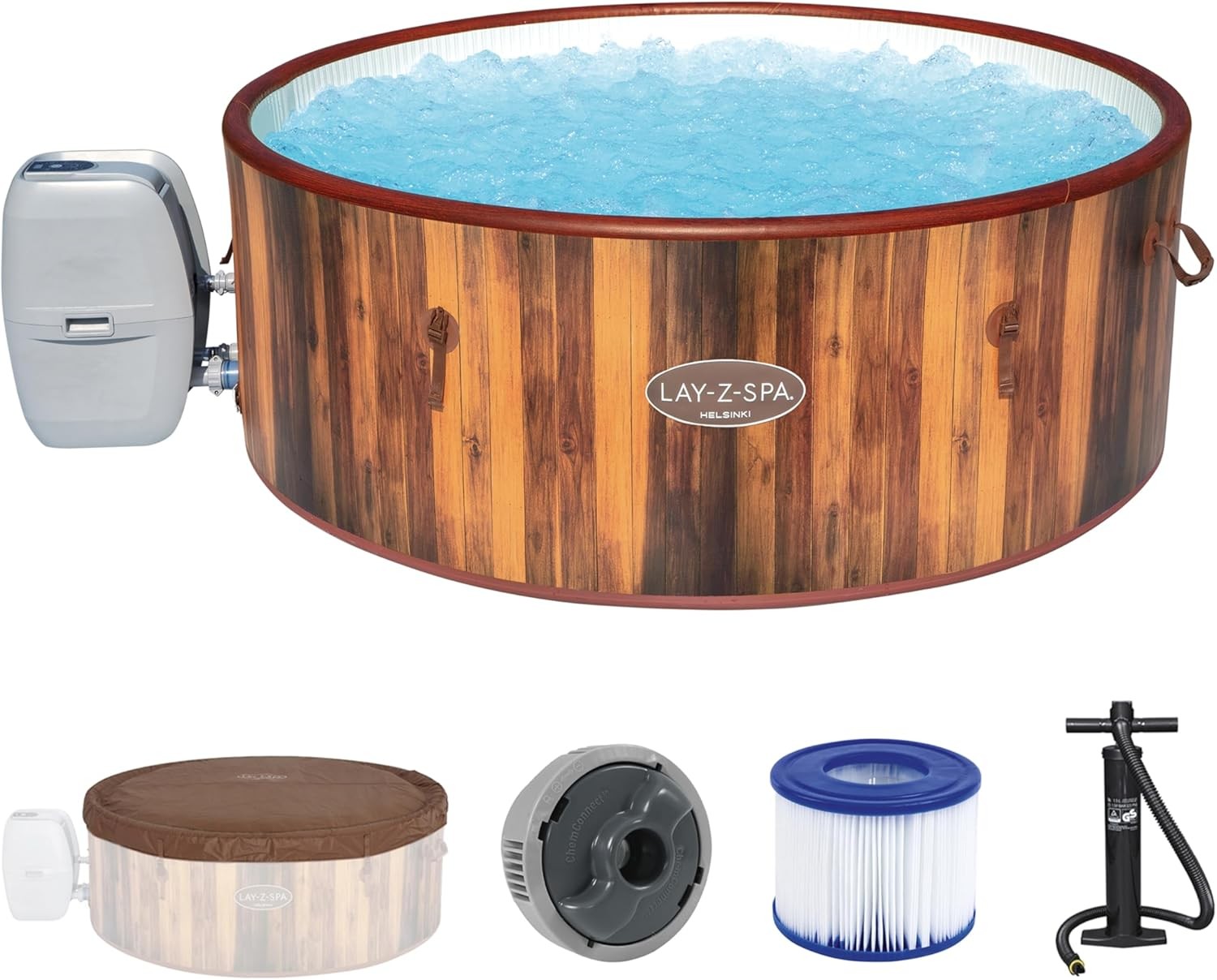 7 Person Inflatable Hot Tub Wood Effect Smart AirJet Heated Spa