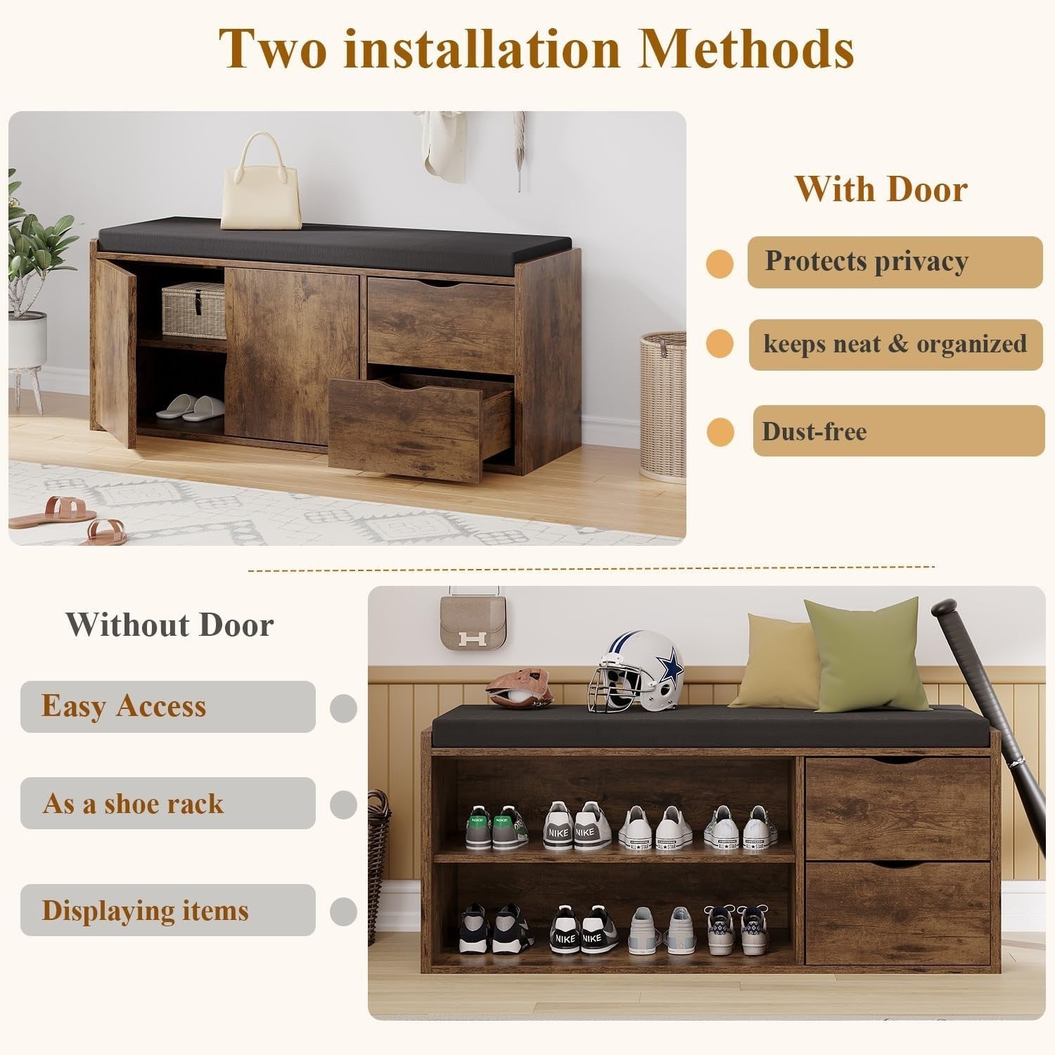 Rustic Brown Shoe Bench with Drawers & Cushion Industrial Storage 101x34x45cm