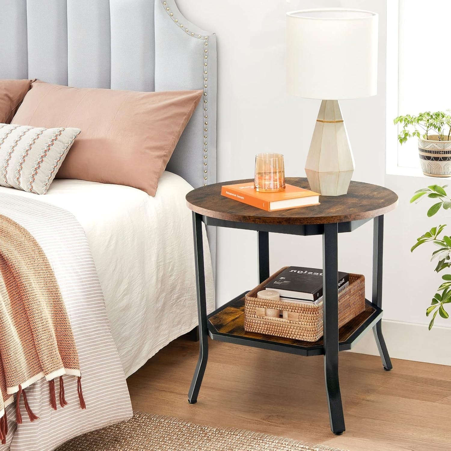 Round Industrial Side Table Rustic Brown | 2-Tier Sofa End Table with Storage 50