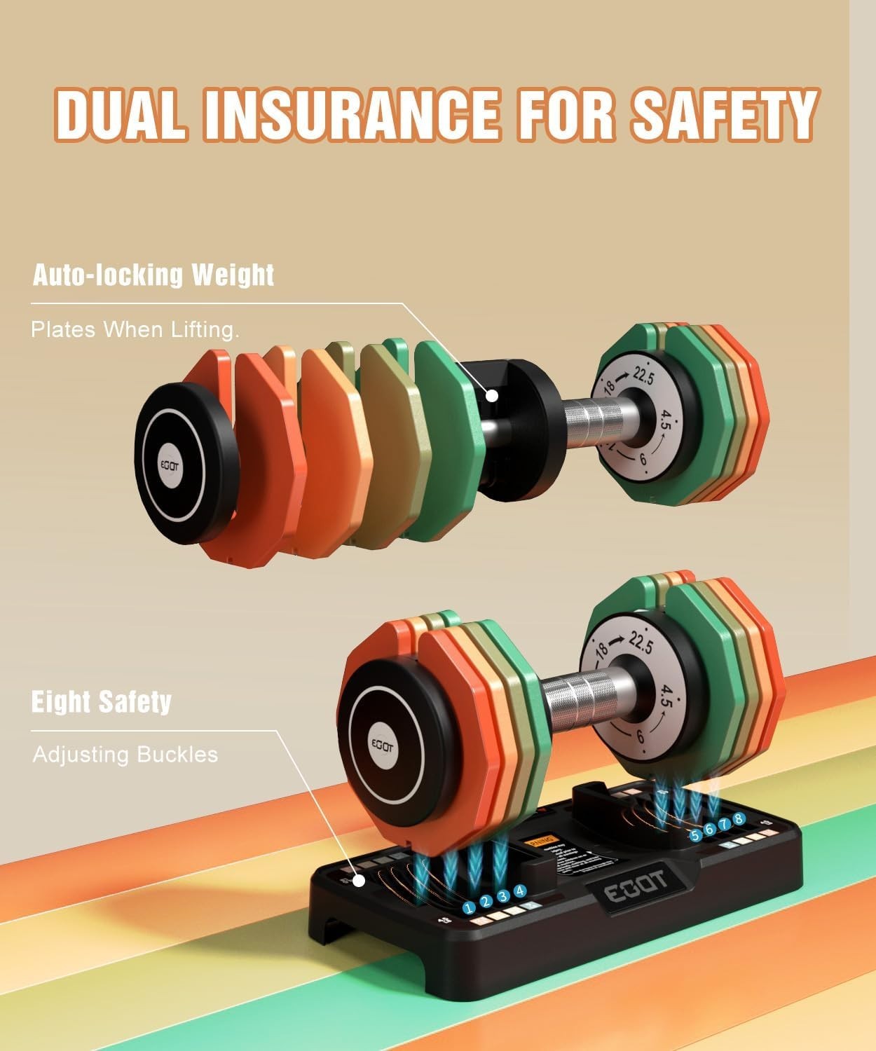 5-in-1 Adjustable Dumbbells Pair 10.2KG Rainbow Plates Non-Slip Home Gym