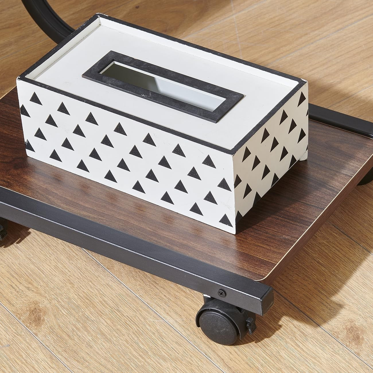 Dark Walnut C-Shaped Side Table on Wheels – 2-Tier Slim Sofa Snack Table