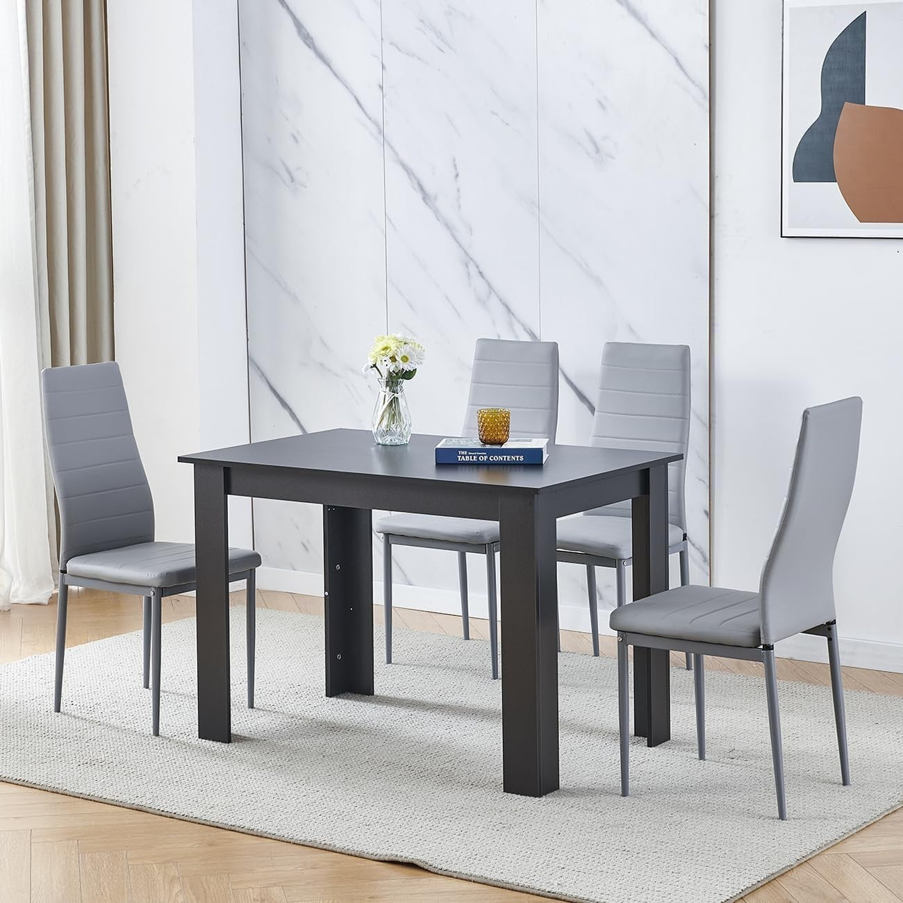 Black Dining Table Set 4 Grey PU Chairs Small Space Kitchen Modern