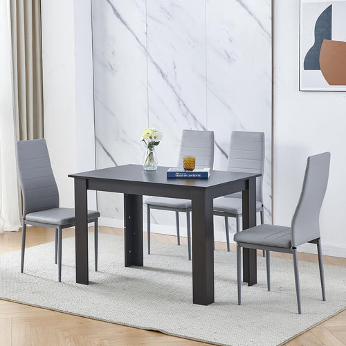 Black Dining Table Set 4 Grey PU Chairs Small Space Kitchen Modern