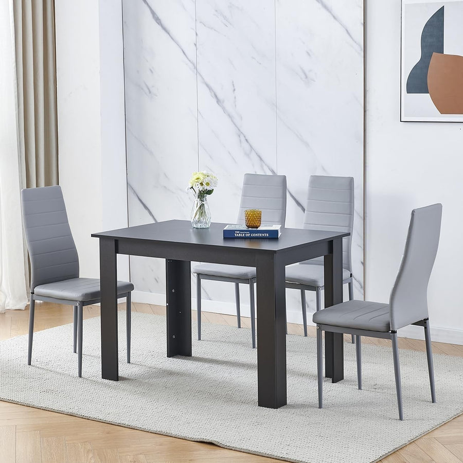 Black Dining Table Set 4 Grey PU Chairs Small Space Kitchen Modern