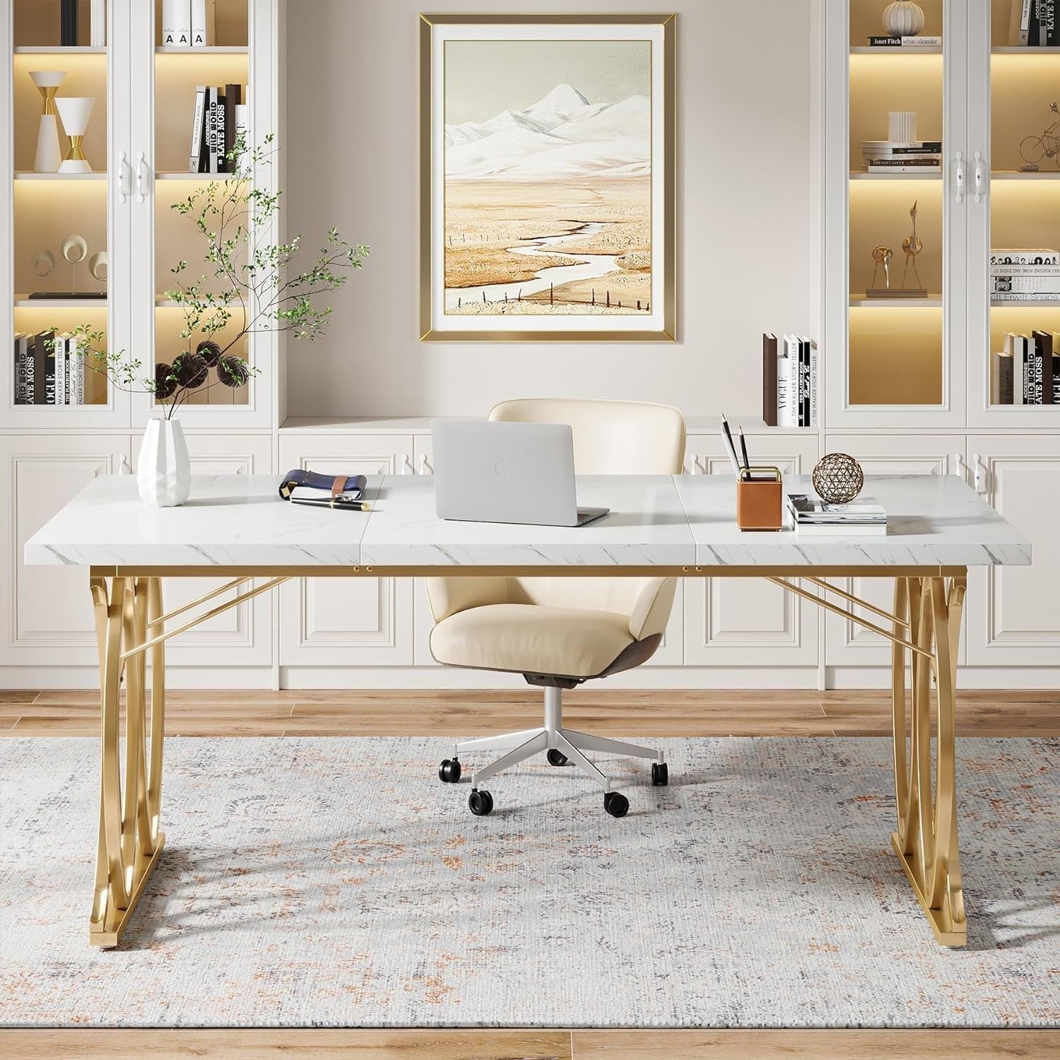 White & Gold Executive Desk 160cm – Large Modern Office Table w/ Storage