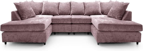 U-Shaped Sofa Pink Chenille w/ Cushions + Footstool | 280x164x90cm Modern