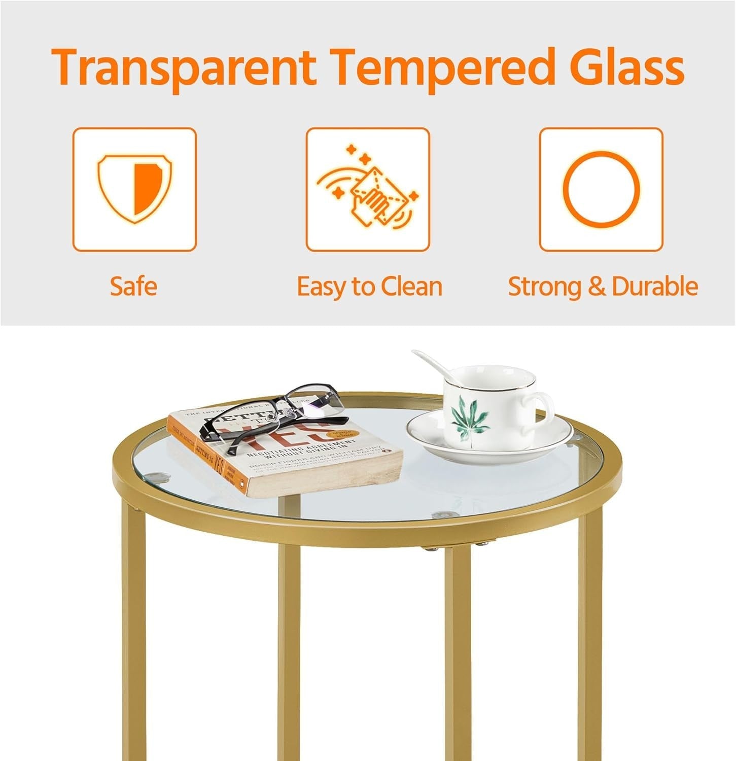 Round Tempered Glass Side Table with Metal Frame, 40.5cm Top, Durable & Stylish