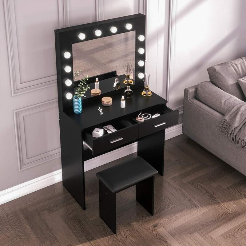 Hollywood LED Vanity Dressing Table Set w/ Mirror, Drawers & Stool Black