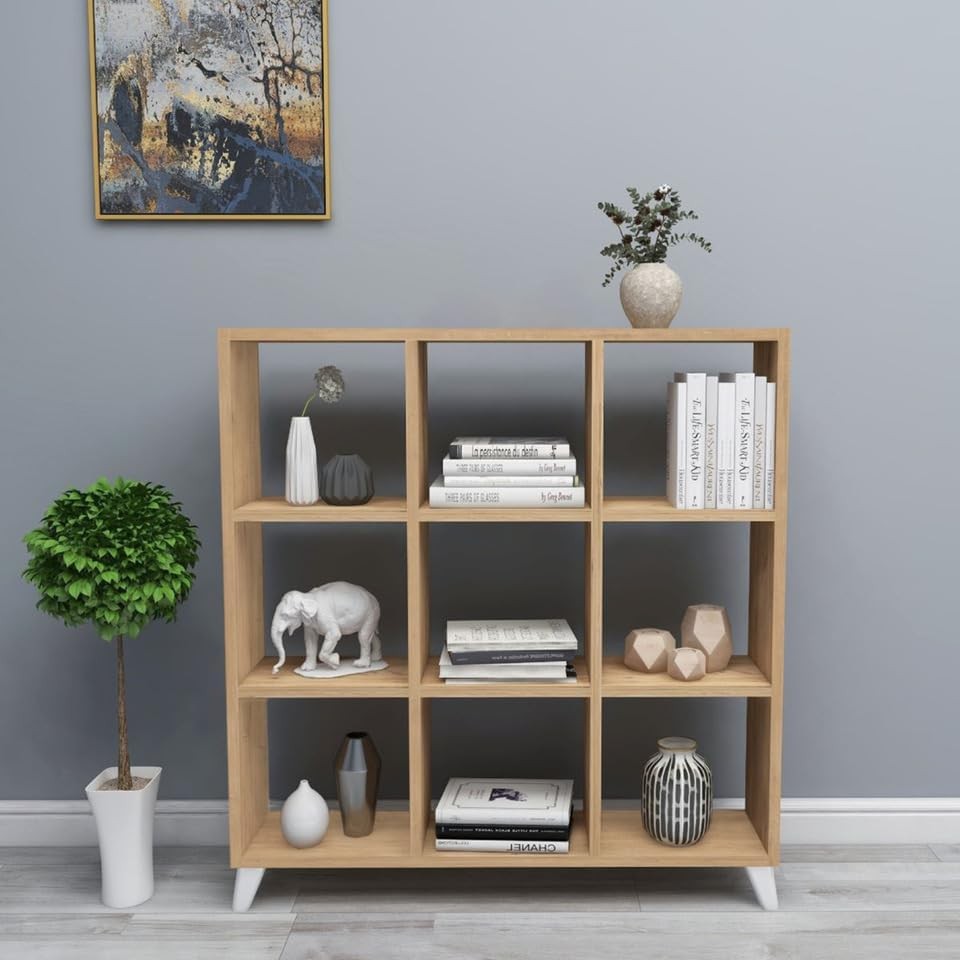 9-Cube Pine Bookcase with Legs, Modern Display Storage Unit for Living Room & Of