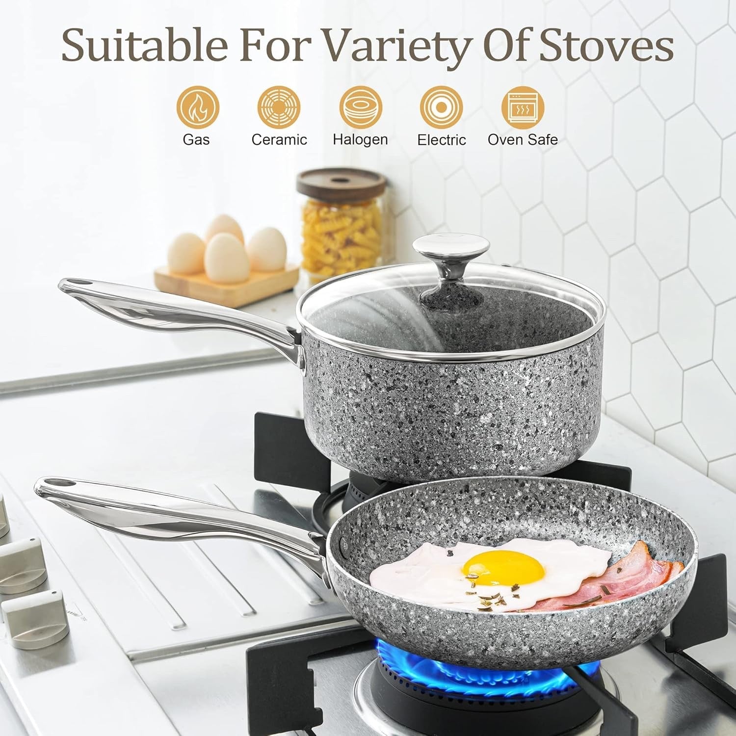 10Pcs Grey Granite Non Stick Cookware Set with Lids Induction Safe Pots & Pans