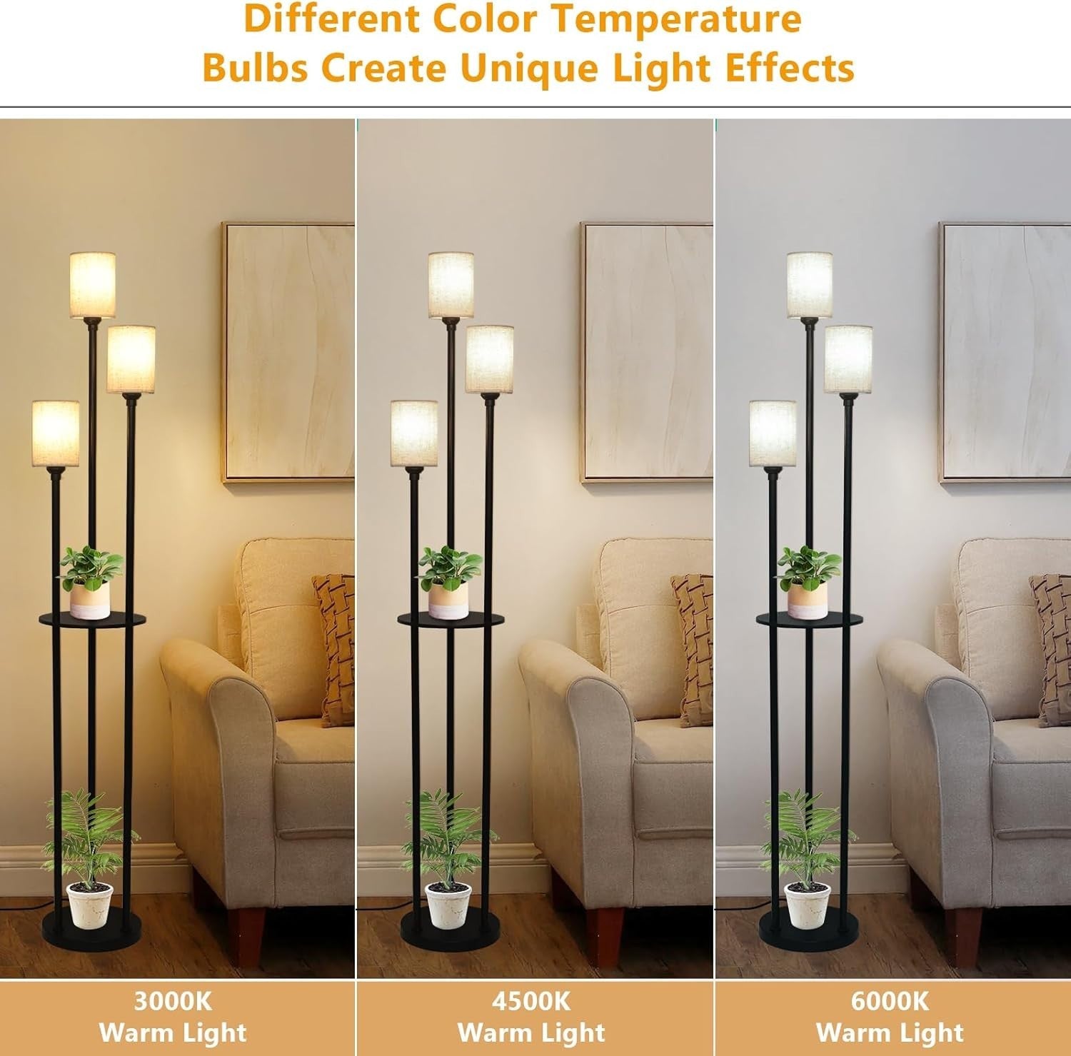 Modern 3-Light Floor Lamp with Shelves, Linen Shades & Foot Switch, 79" Tall