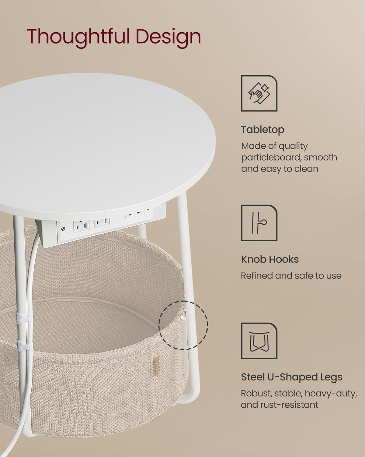 Round Side Table with USB Charging Ports, Storage Basket, Modern Bedside Stand