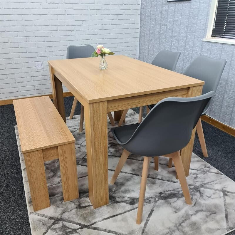 Oak Effect Dining Table Set with 4 Grey Chairs & Bench, 6 Seater Kitchen