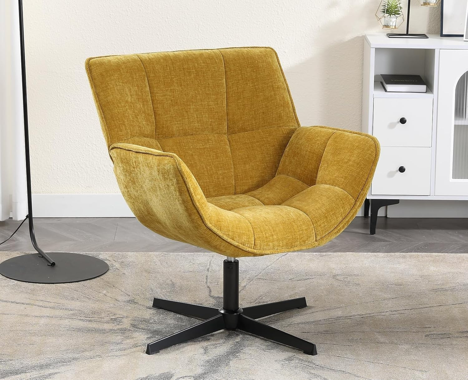 Swivel Chenille Tub Chair 360° Rotating Accent Armchair Yellow Lounge Seat