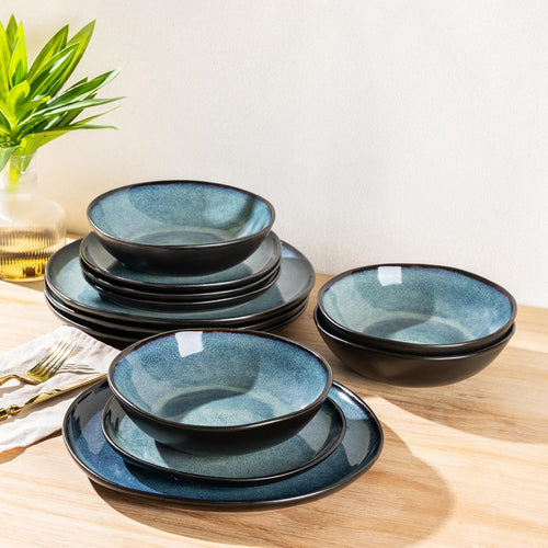 12pc Stoneware Dinnerware Set Reactive Blue Plates Bowls Dishwasher Safe