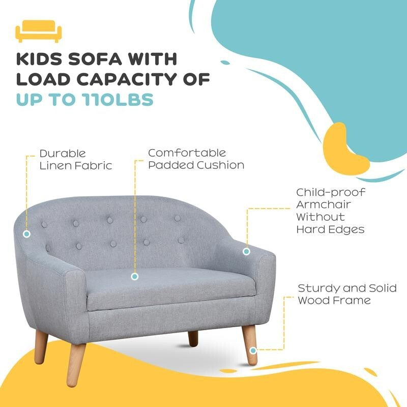 Kids 2 Seater Mini Sofa Chair for Bedroom Playroom | Padded Armrest Couch