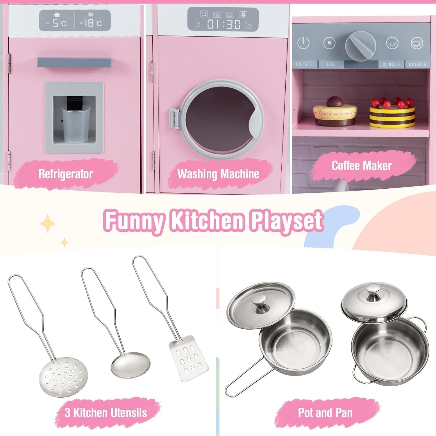 Pink Kids Wooden Play Kitchen Lights Sounds Washer Coffee Toy