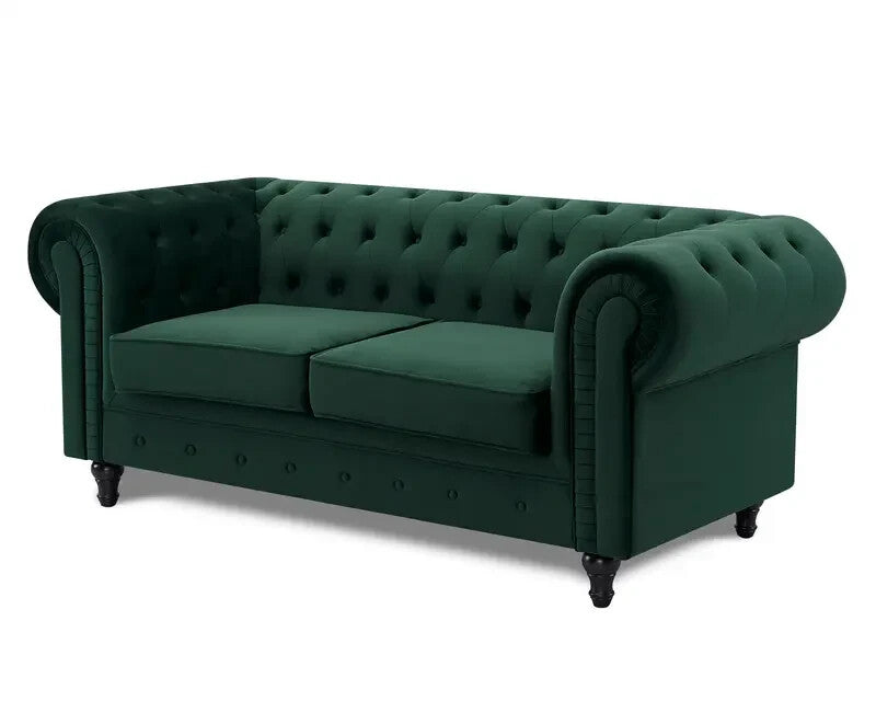 Green Velvet Chesterfield Sofa 2 Seater Tufted Scroll Arm Wood Legs UK