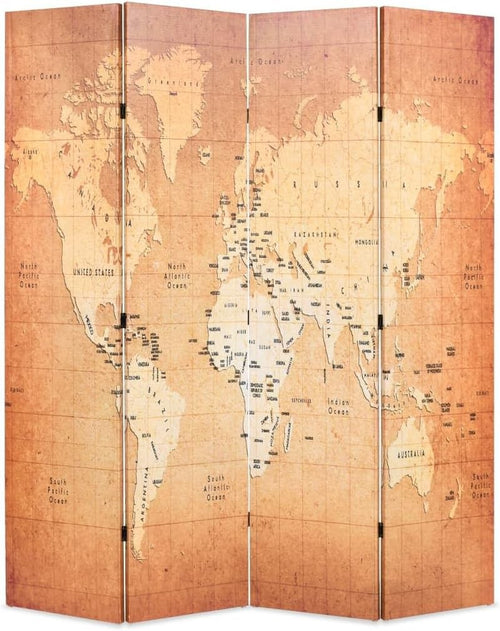 World Map Folding Room Divider 160x170cm Wood Frame Privacy Screen