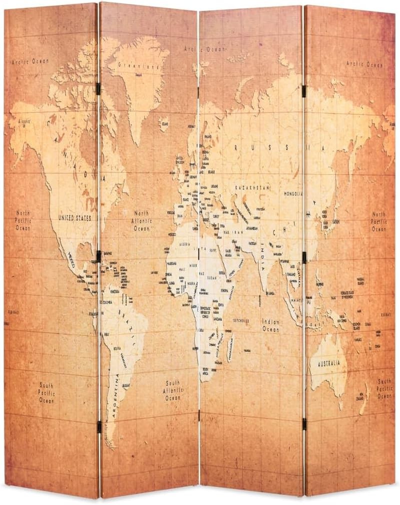 World Map Folding Room Divider 160x170cm Wood Frame Privacy Screen