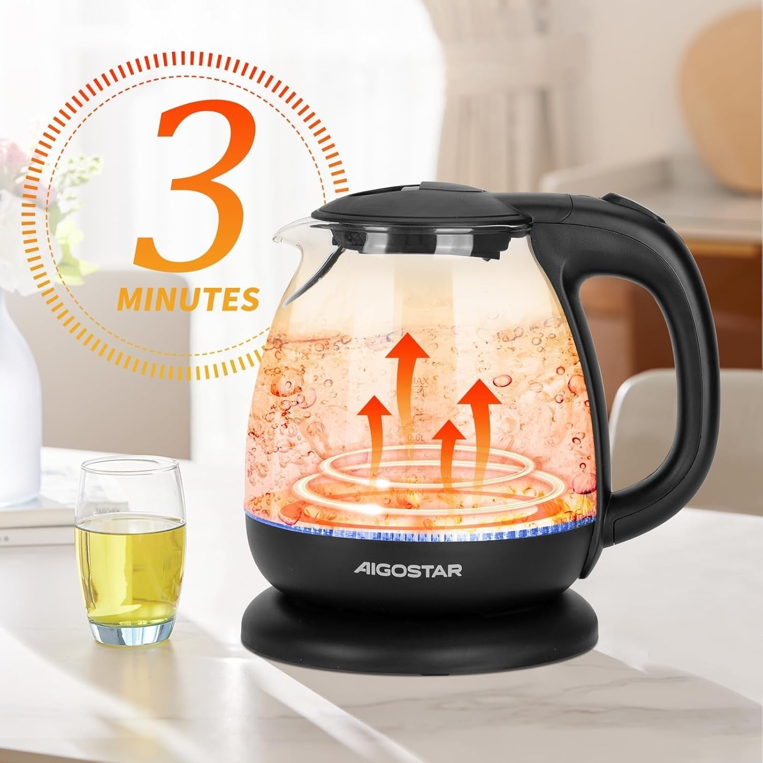 1L Black Glass Electric Kettle Fast Boil Cordless Auto Shut-Off Portable
