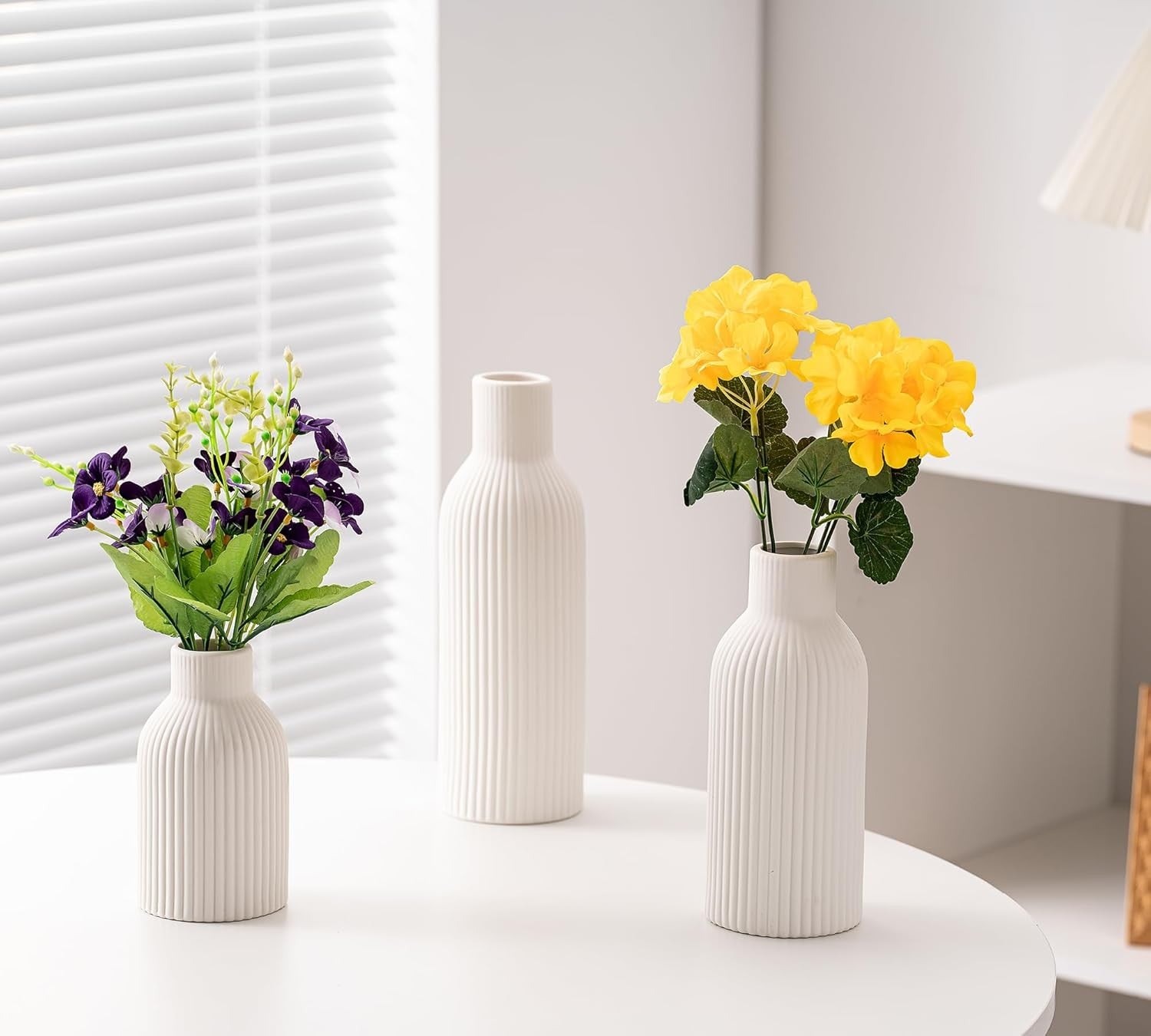 Ceramic Vase Set of 3 White Ribbed Flower Vases Modern Boho Decor