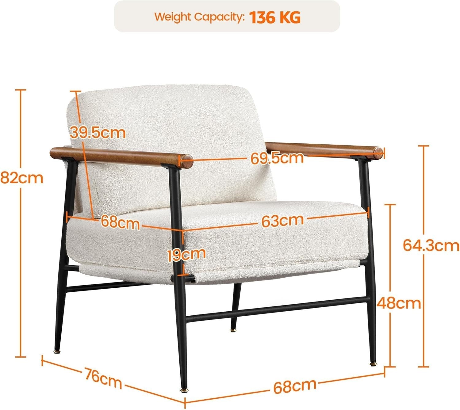 Modern Boucle Accent Armchair Plush Comfy Seat Metal Frame Lounge Chair