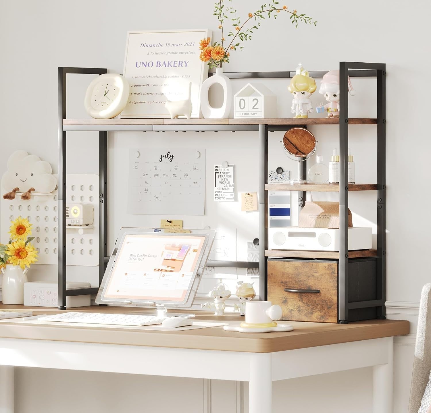 Rustic Brown Desk Hutch Shelf 41.3" 3-Tier Desktop Organizer with Drawer
