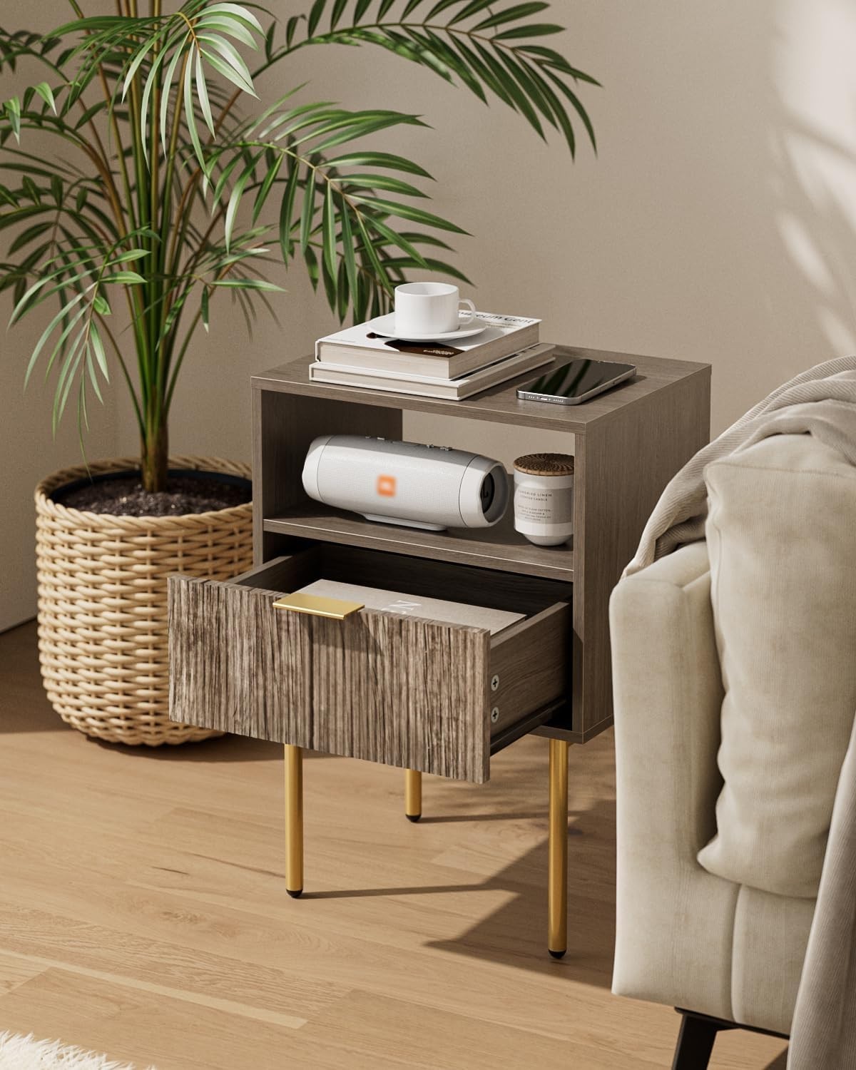 Modern Grey Bedside Table with Drawer & Open Shelf | Wooden Nightstand