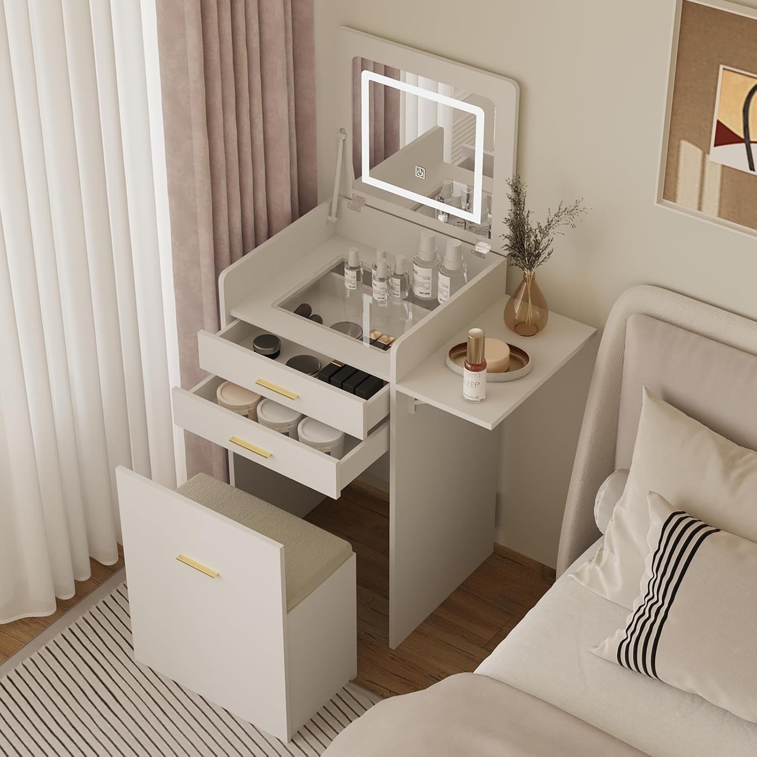 White Foldable Vanity Desk w/ Lighted Mirror & Stool Small Space 2 Drawers