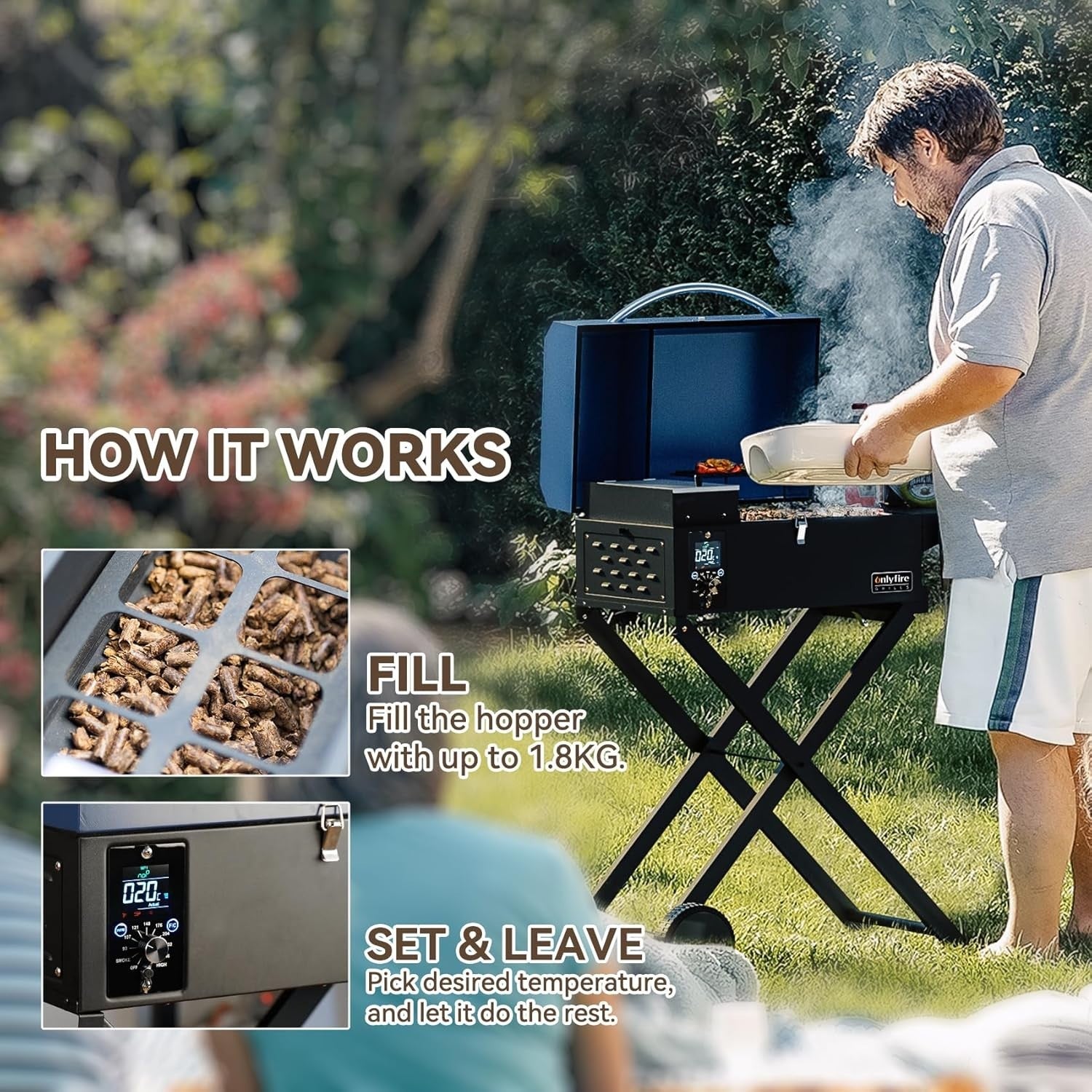Portable Pellet Smoker BBQ Grill with Foldable Stand & Side Table