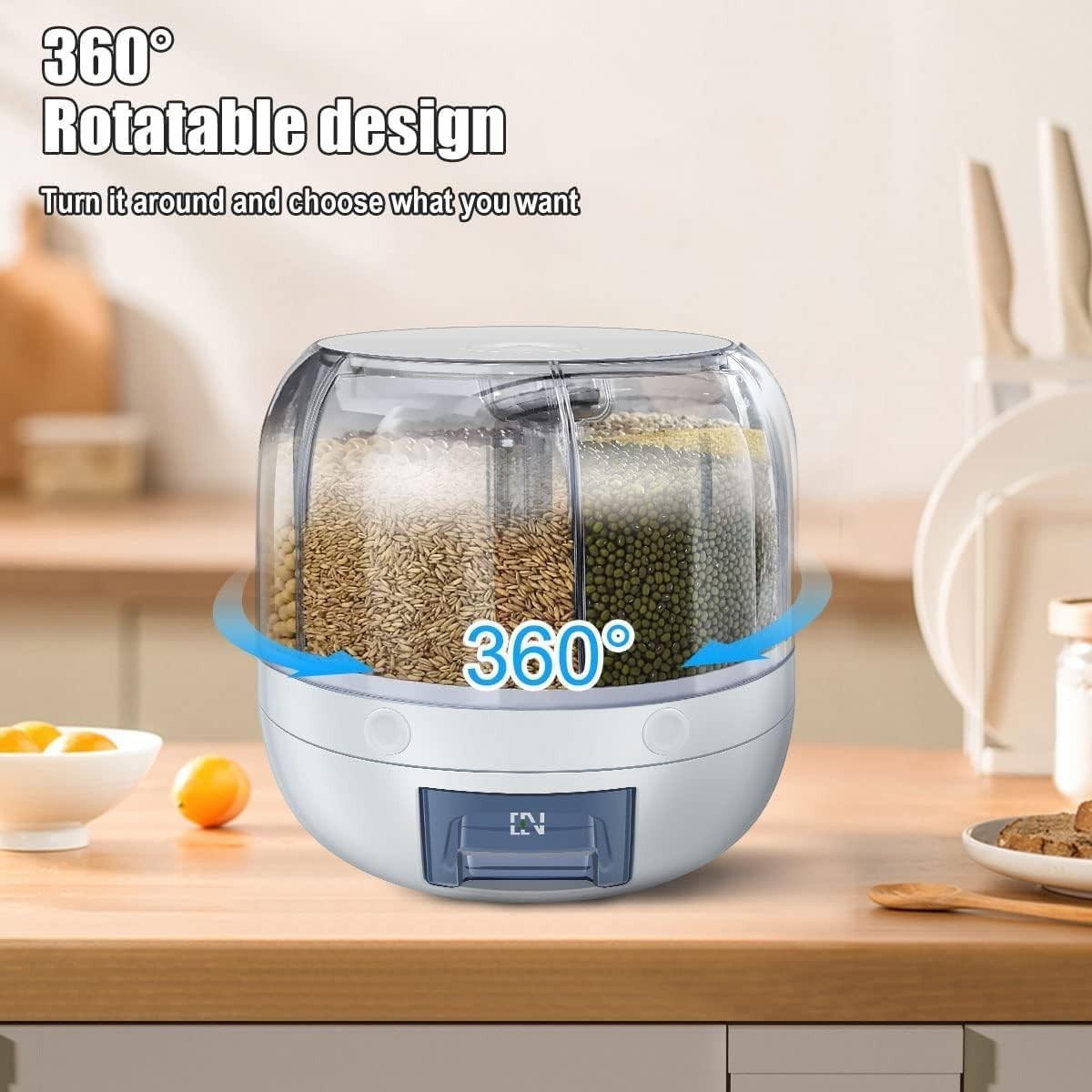 6 Grid 360° Rotating Rice Dispenser Airtight PP Bin