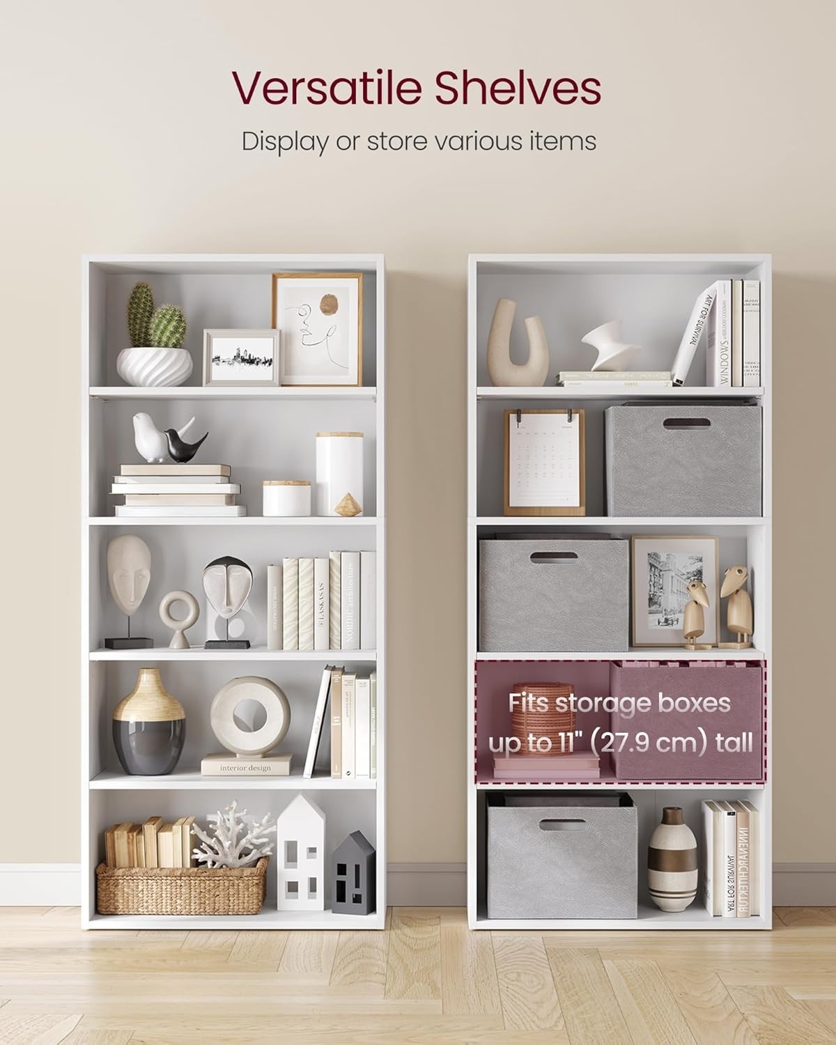 5 Tier Wooden Bookcase Tall Storage Display Book Shelf for Living Room White