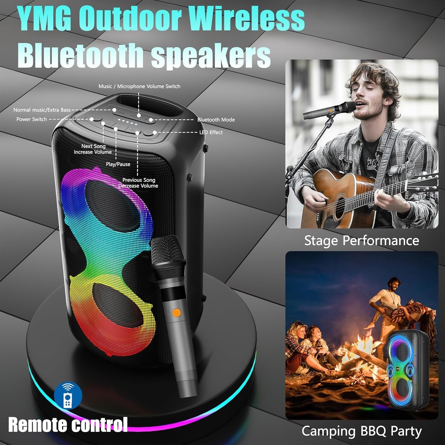 Blue YMG Karaoke Machine 2 Mics 300W Bluetooth Party Speaker