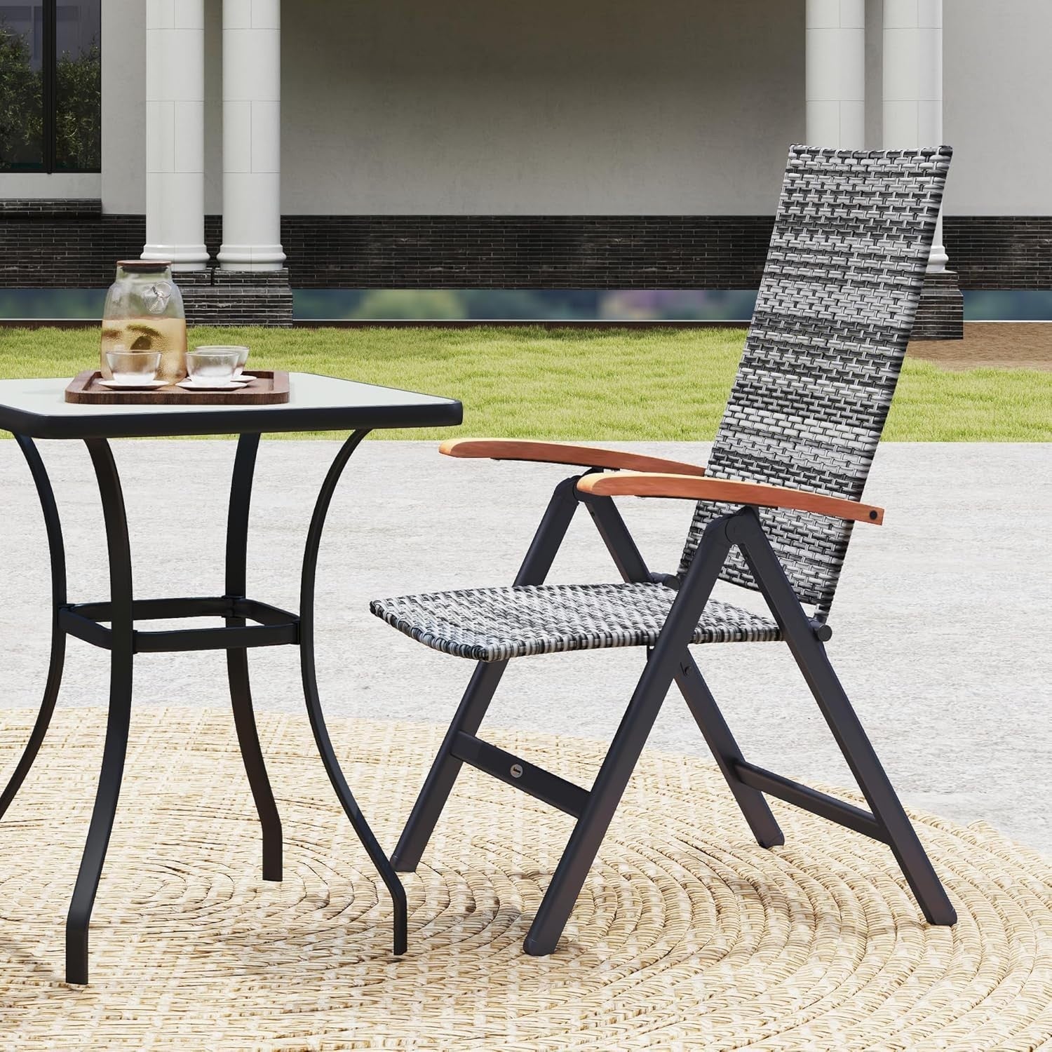 Light Grey Folding Recliner Chair High Back Rattan Patio Garden Seat