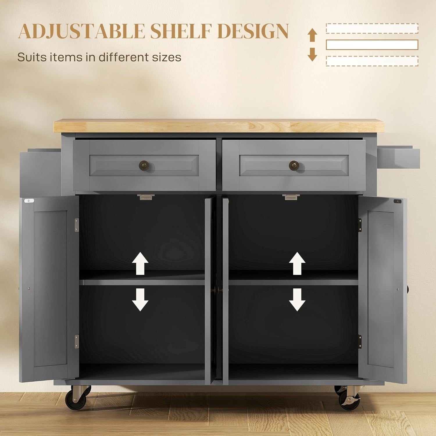 Rolling Kitchen Island Trolley with Drawers,Shelves & Rubber Wood Top 111x44.5cm