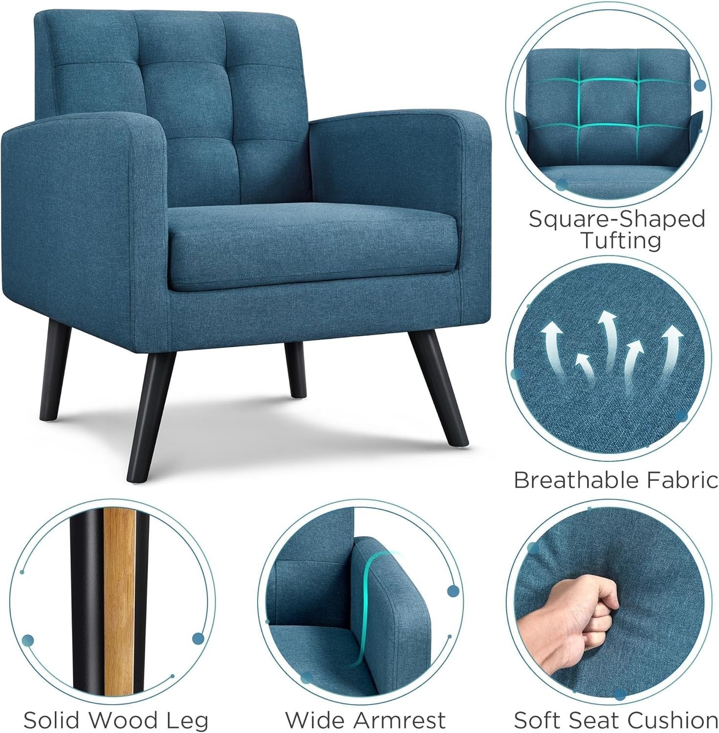 Mid Century Accent Armchair Set Navy Blue | Tufted Back Lounge Chairs