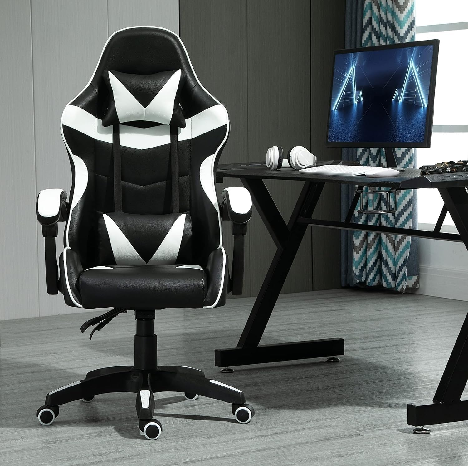 Reclining Gaming Chair Faux Leather Office Desk Chair w/ Lumbar White